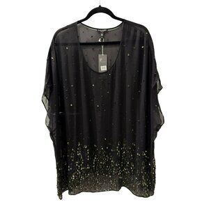 Eileen Fisher Dancing Sequin Silk Top Size 3X Black Sheer Mesh Dolman Sleeve NWT